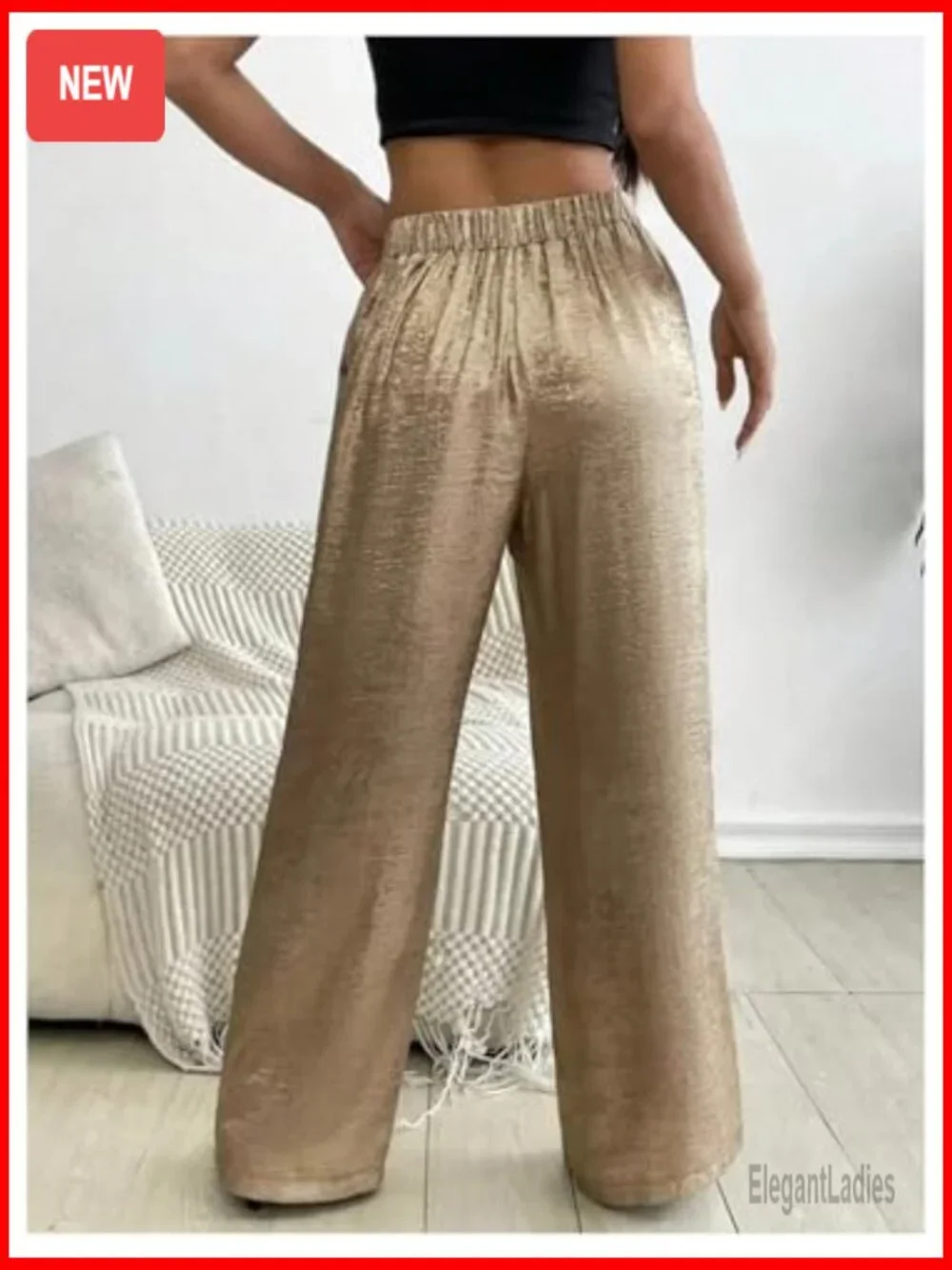 Low Rise Wide Leg Palazzo Pants Elastic Waist Drawstring Casual Trousers - Picture 3 of 5